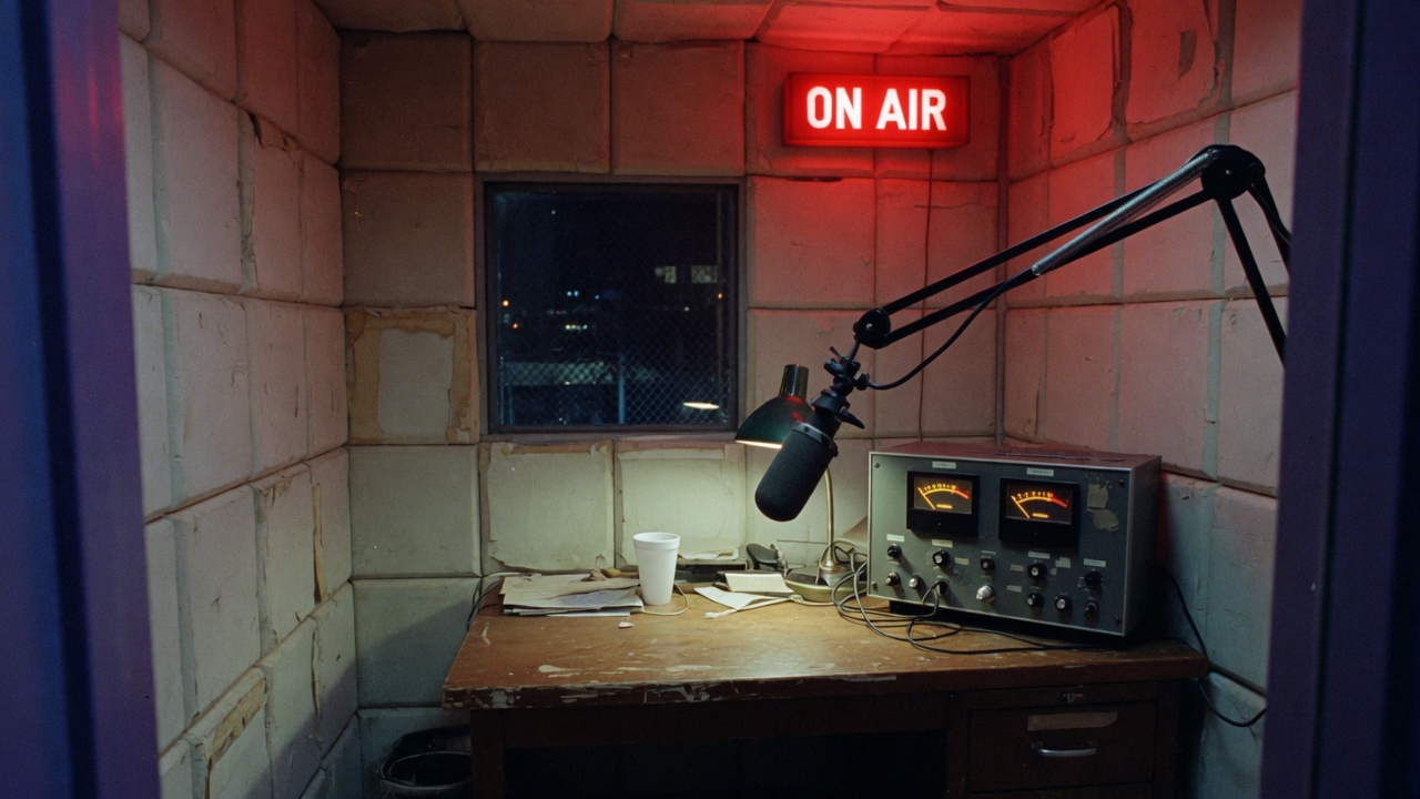 AM talk-radio booth with cream acoustic foam, boom mic, analog VU meters, and a red ON AIR lamp